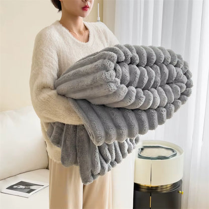 Ultra Soft Faux Rabbit Fur Throw Blanket Warm Plush Striped Blankets Conditioning Quilt Fluffy Throws for Couch Chair Sofa