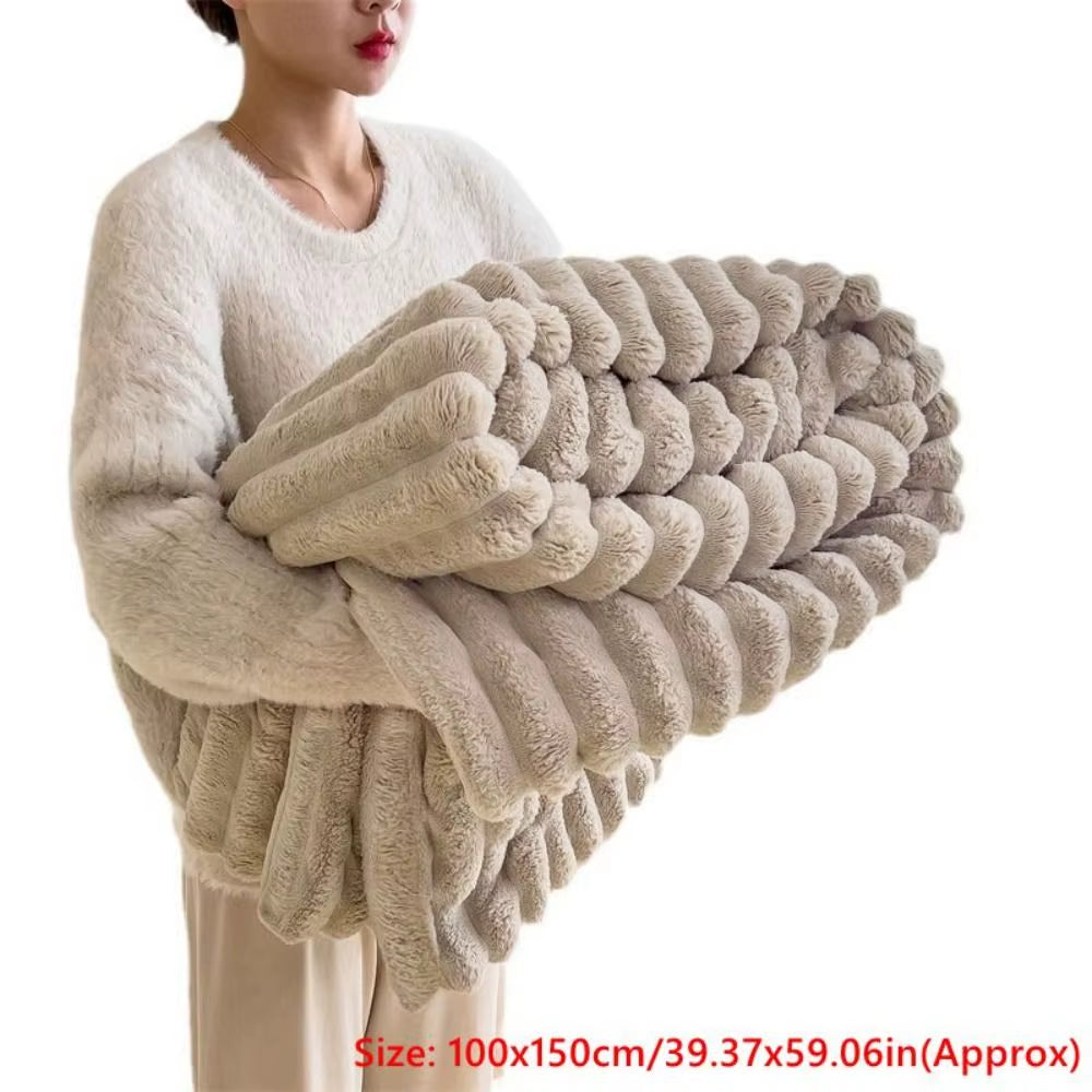 Ultra Soft Faux Rabbit Fur Throw Blanket Warm Plush Striped Blankets Conditioning Quilt Fluffy Throws for Couch Chair Sofa