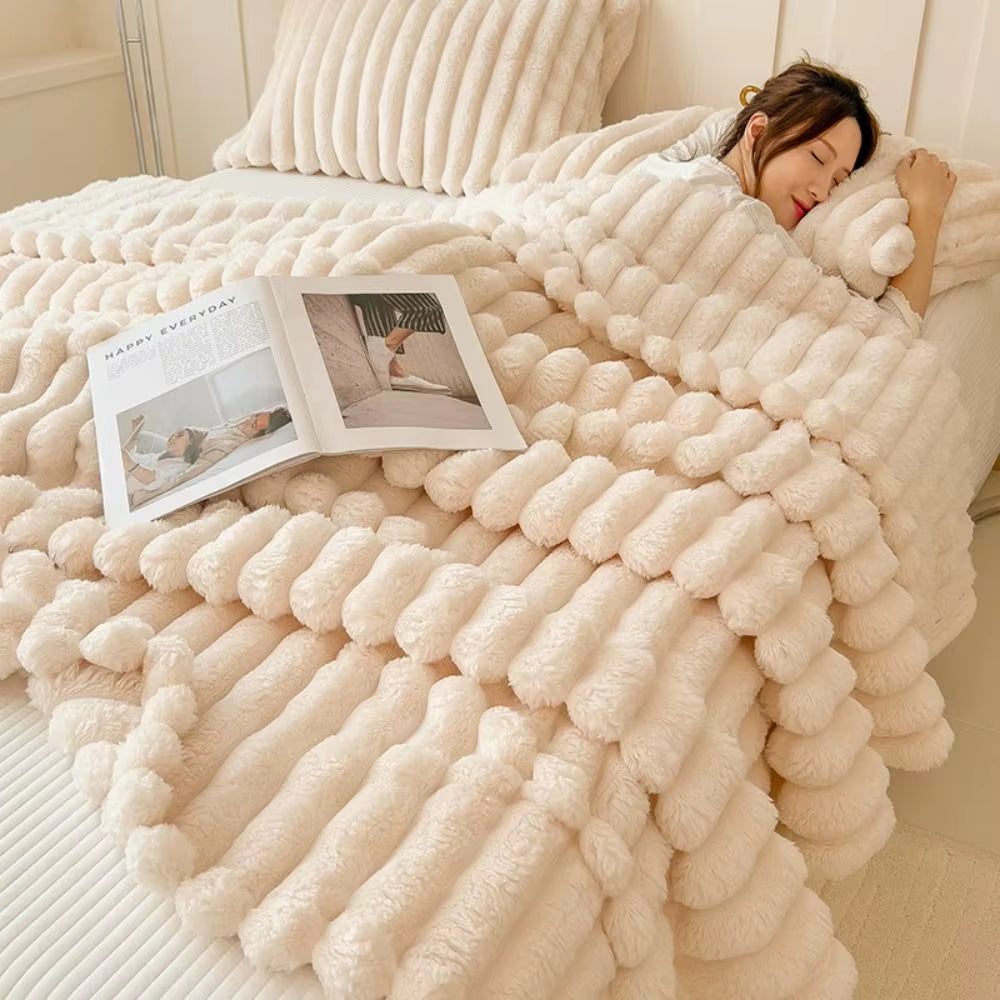 Ultra Soft Faux Rabbit Fur Throw Blanket Warm Plush Striped Blankets Conditioning Quilt Fluffy Throws for Couch Chair Sofa