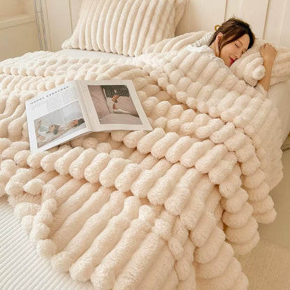 Ultra Soft Faux Rabbit Fur Throw Blanket Warm Plush Striped Blankets Conditioning Quilt Fluffy Throws for Couch Chair Sofa