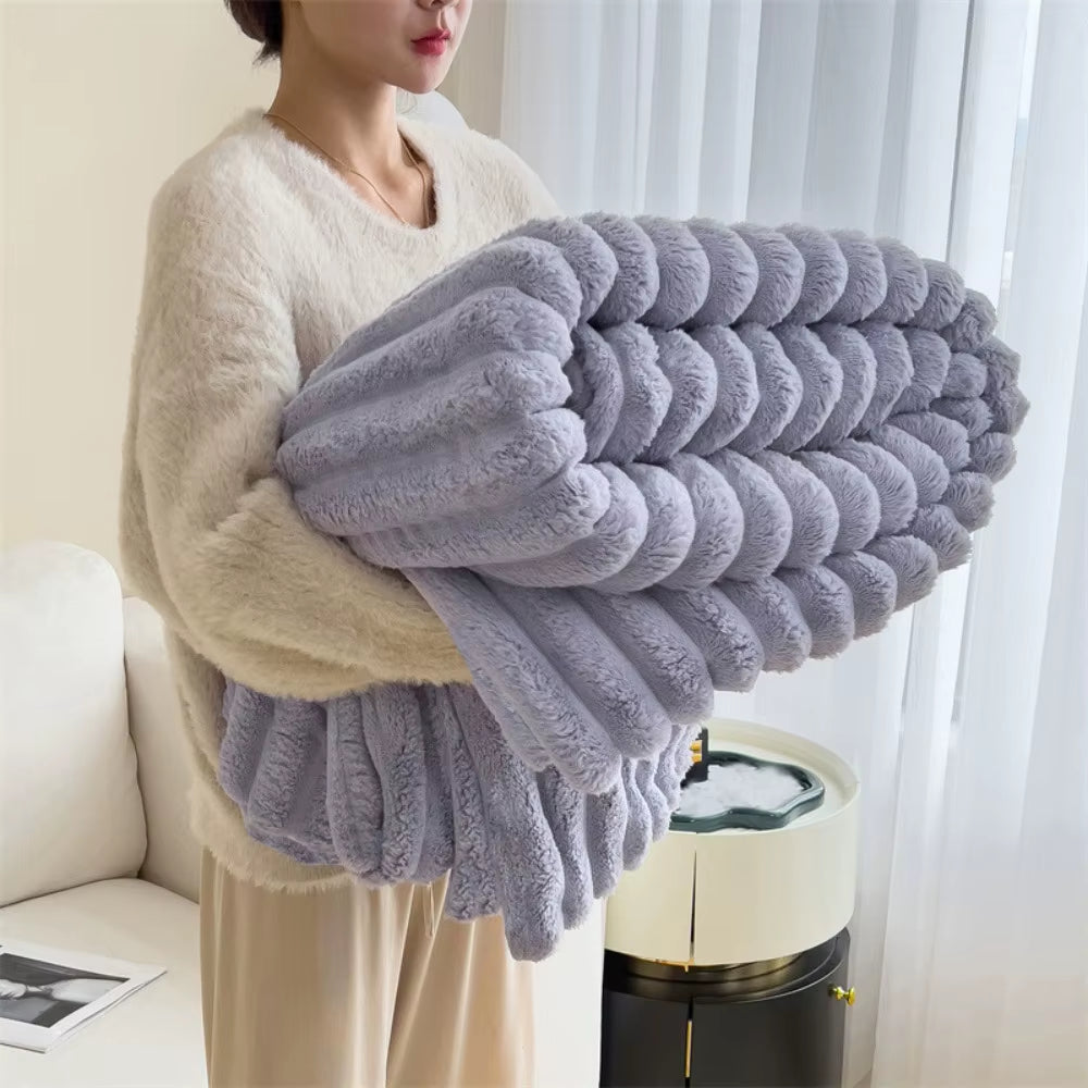 Ultra Soft Faux Rabbit Fur Throw Blanket Warm Plush Striped Blankets Conditioning Quilt Fluffy Throws for Couch Chair Sofa