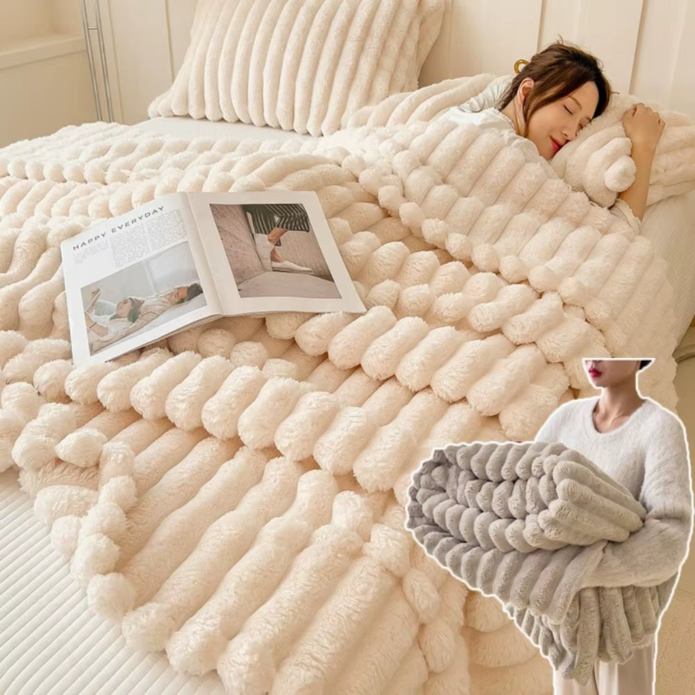 Ultra Soft Faux Rabbit Fur Throw Blanket Warm Plush Striped Blankets Conditioning Quilt Fluffy Throws for Couch Chair Sofa