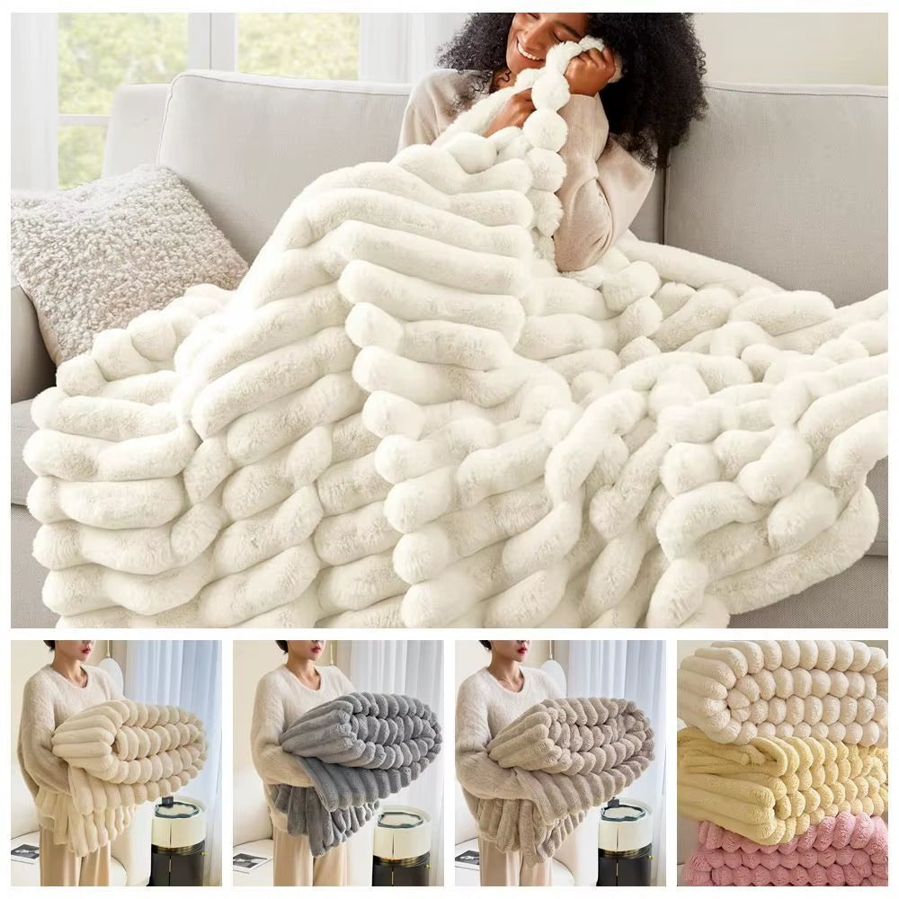 Ultra Soft Faux Rabbit Fur Throw Blanket Warm Plush Striped Blankets Conditioning Quilt Fluffy Throws for Couch Chair Sofa